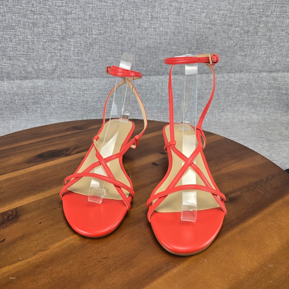 Ann Taylor Womens Coral Red Leather Strappy Ankle Strap Kitten Heel Sandals 6M - Picture 4 of 13